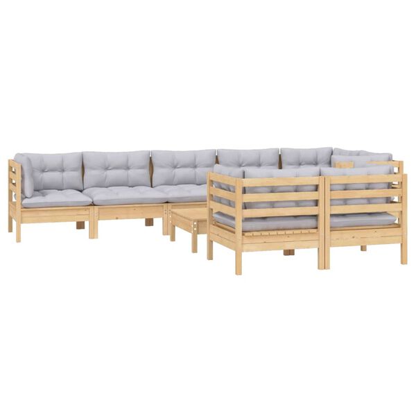 vidaXL Salon de jardin 9 pcs avec coussins gris bois de pin massif
