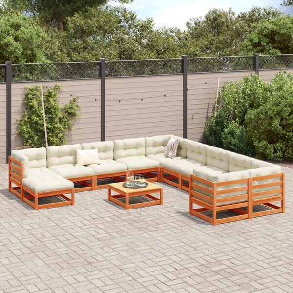 vidaXL Salon de jardin 12pcs avec coussins cire marron bois pin massif