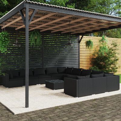 vidaXL Salon de jardin 12 pcs avec coussins Résine tressée Noir