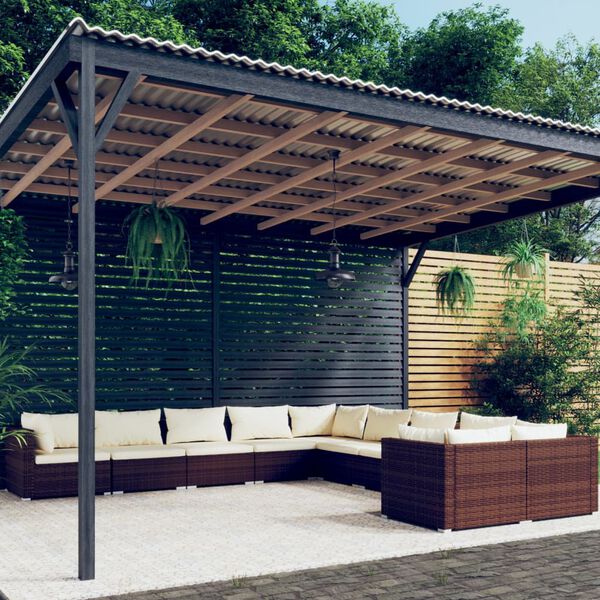vidaXL Salon de jardin 10 pcs avec coussins R&eacute;sine tress&eacute;e Marron