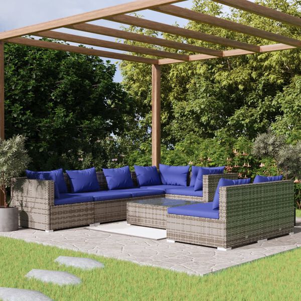 vidaXL Salon de jardin 8 pcs avec coussins Gris R&eacute;sine tress&eacute;e