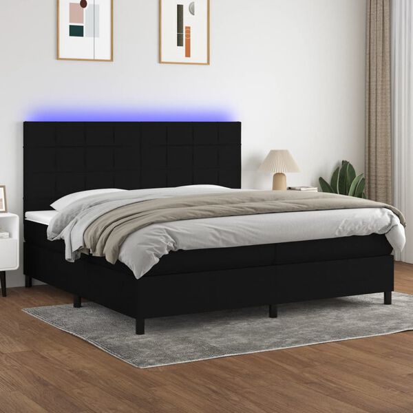 vidaXL Sommier &agrave; lattes de lit et matelas et LED Noir 200x200 cm Tissu