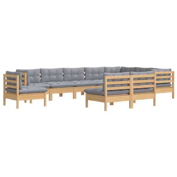 vidaXL Salon de jardin 10 pcs avec coussins gris bois de pin massif