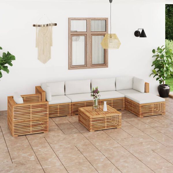 vidaXL Salon de jardin 7 pcs avec coussin cr&egrave;me Bois de teck solide