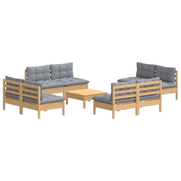 vidaXL Salon de jardin 9 pcs avec coussins gris bois de pin