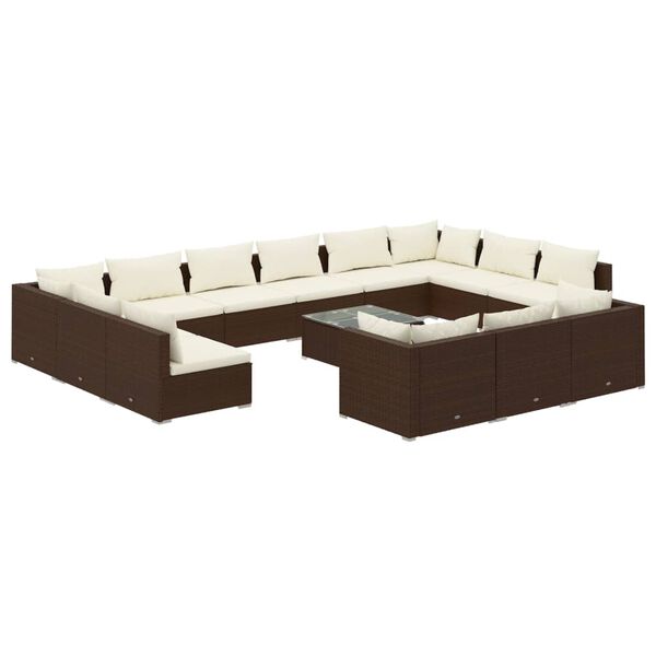 vidaXL Salon de jardin 14 pcs avec coussins Marron R&eacute;sine tress&eacute;e