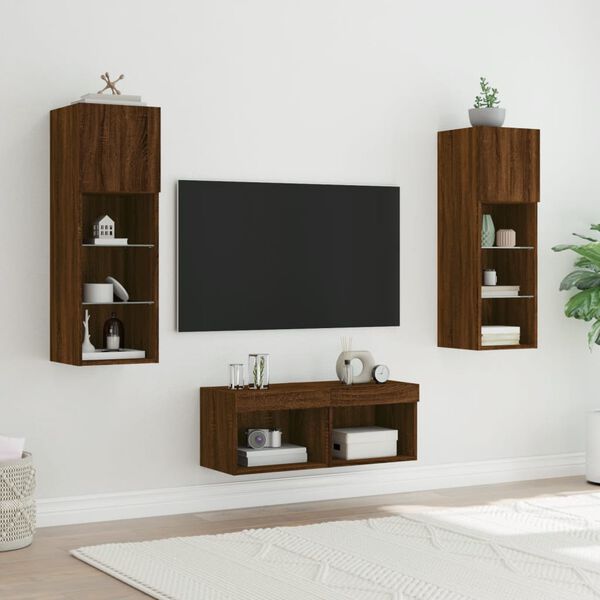 vidaXL Meuble TV muraux 4 pcs avec lumi&egrave;res LED ch&ecirc;ne marron