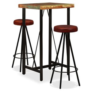 vidaXL Ensemble de bar 3 pcs Bois massif recycl&eacute; et cuir v&eacute;ritable