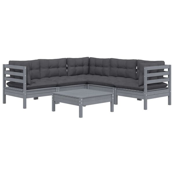 vidaXL Salon de jardin 6 pcs avec coussins Gris Bois de pin massif