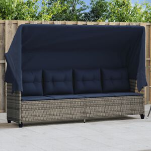 vidaXL Chaise longue avec auvent et coussins gris r&eacute;sine tress&eacute;e