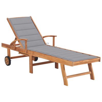 vidaXL Chaise longue avec coussin gris Bois de teck solide