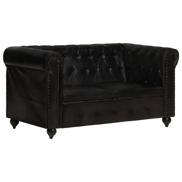 vidaXL Canap&eacute; Chesterfield &agrave; 2 places Noir Cuir v&eacute;ritable