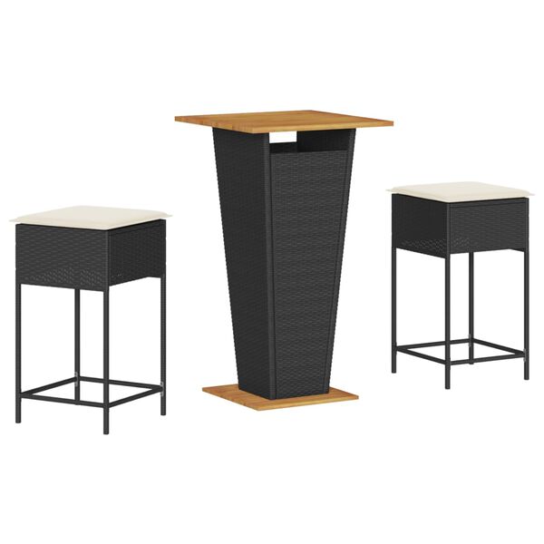 vidaXL Ensemble de bar de jardin 3 pcs avec coussins noir poly rotin
