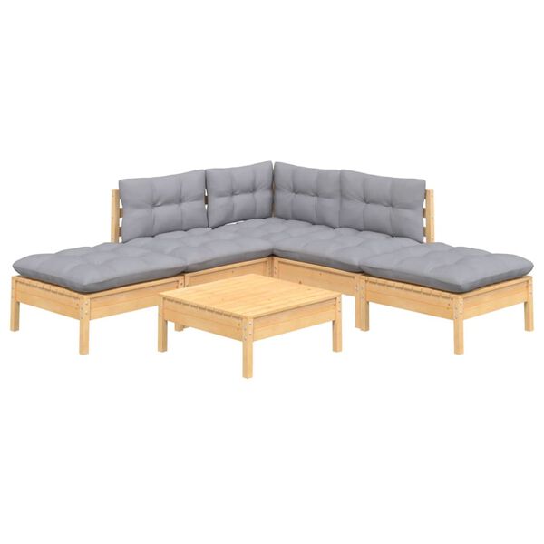 vidaXL Salon de jardin 6 pcs avec coussins gris bois de pin