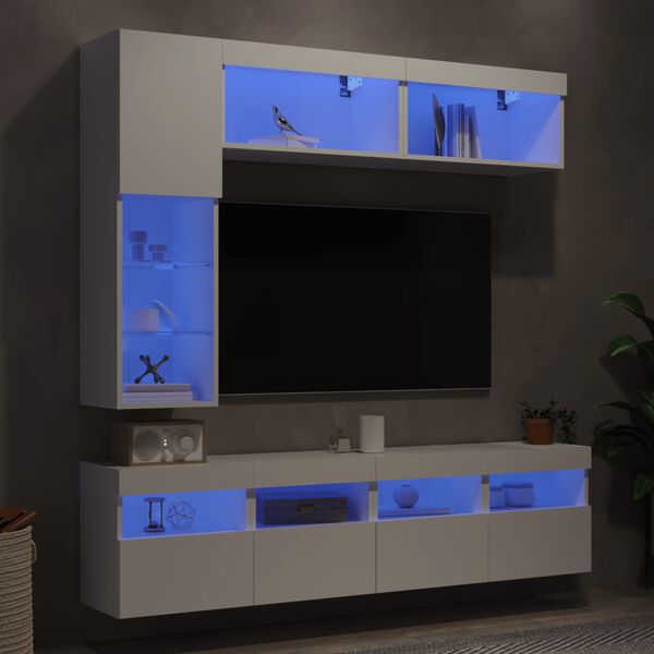 vidaXL Ensemble de meubles TV muraux 7 pcs avec lumi&egrave;res LED blanc