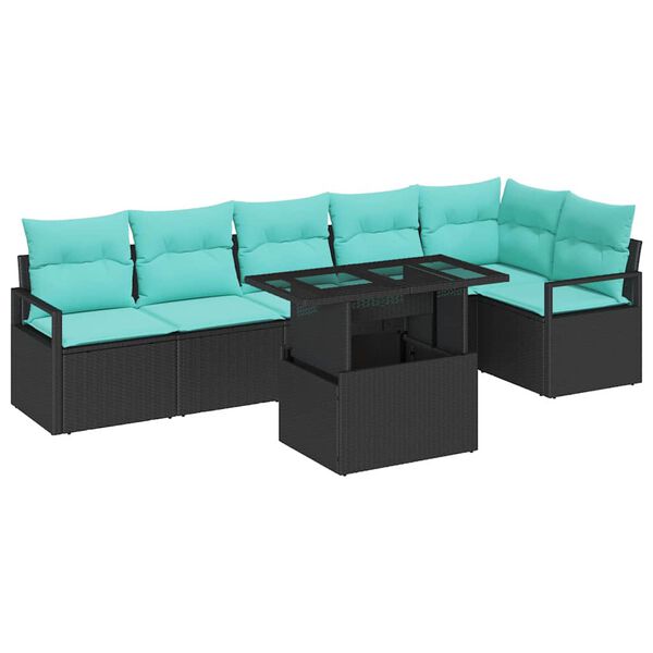 vidaXL Ensemble de canap&eacute; de jardin 7 pcs Noir et Bleu polyrotin