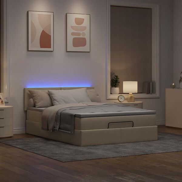 vidaXL Lit ottoman avec matelas et LED cr&egrave;me 140x190 cm tissu