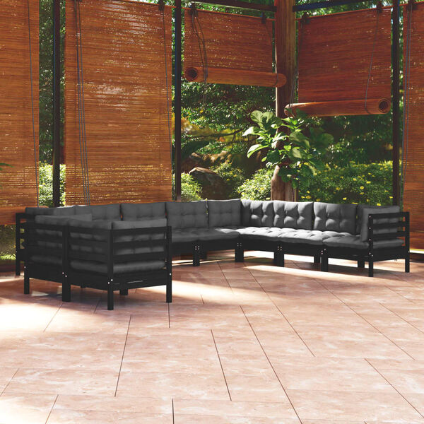 vidaXL Salon de jardin 10 pcs avec coussins Noir Bois de pin massif
