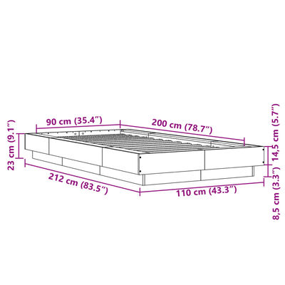 vidaXL Cadre de lit et lumières LED sans matelas sonoma gris 90x200 cm