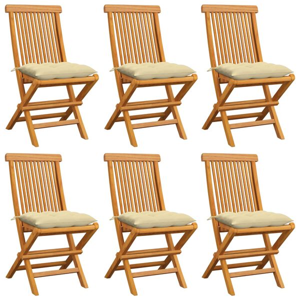 vidaXL Chaises de jardin et coussins blanc crème lot de 6 Teck massif