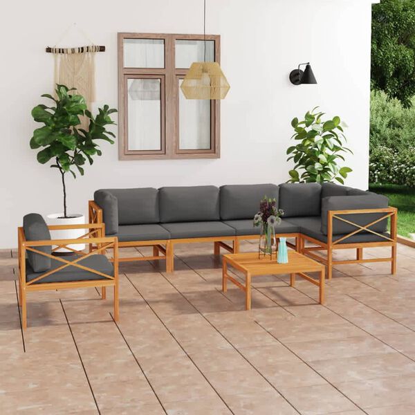 vidaXL Salon de jardin 7 pcs avec coussins gris bois de teck solide