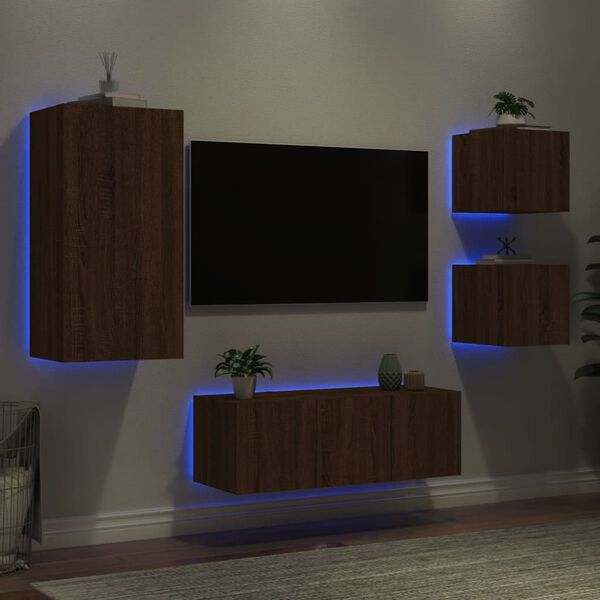 vidaXL Unit&eacute;s murales TV avec LED 5 pcs ch&ecirc;ne marron bois d'ing&eacute;nierie