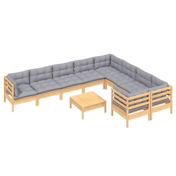 vidaXL Salon de jardin 10 pcs avec coussins gris Bois de pin