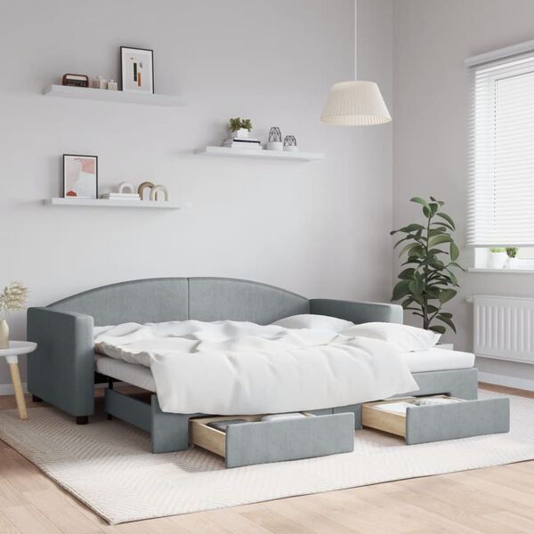 vidaXL Lit de jour avec gigogne et tiroirs gris clair 90x190 cm tissu