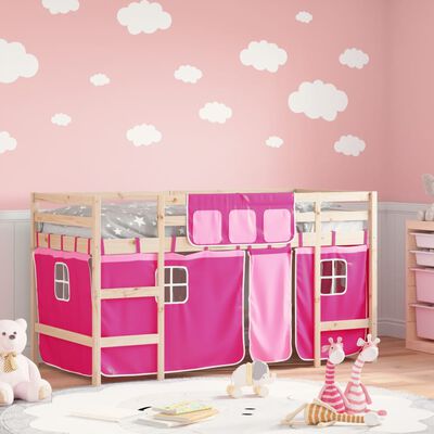 vidaXL Lit mezzanine enfants et rideaux rose 90x200cm bois pin massif