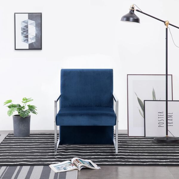 vidaXL Fauteuil avec pieds chrom&eacute;s Bleu Velours