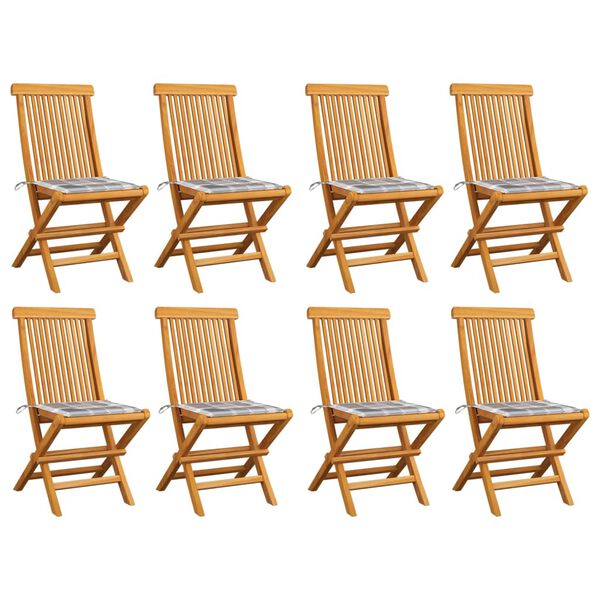 vidaXL Chaises de jardin et coussins à carreaux gris lot de 8 Teck