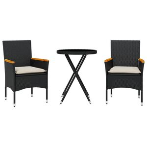 vidaXL Ensemble de bistro avec coussins 3pcs noir r&eacute;sine tress&eacute;e verre