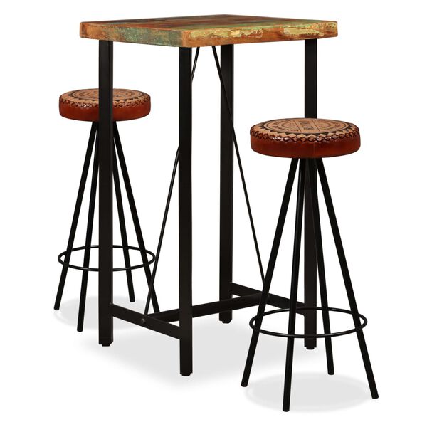 vidaXL Ensemble de bar 3 pcs Bois de récupération Cuir véritable et toile
