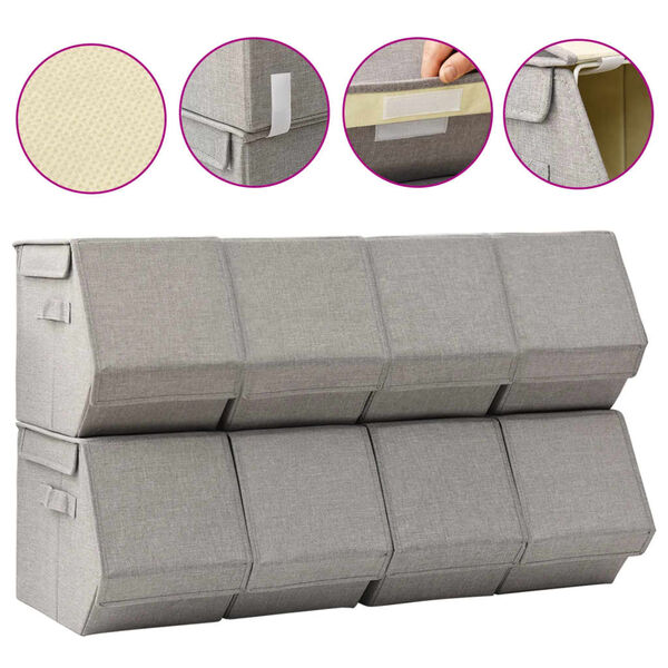 vidaXL Bo&icirc;tes de rangement empilables avec couvercle 8 pcs Tissu Gris