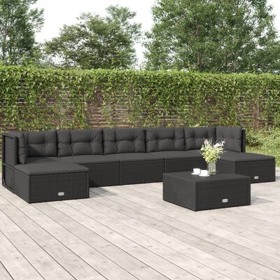 vidaXL Salon de jardin 7 pcs avec coussins Noir Résine tressée