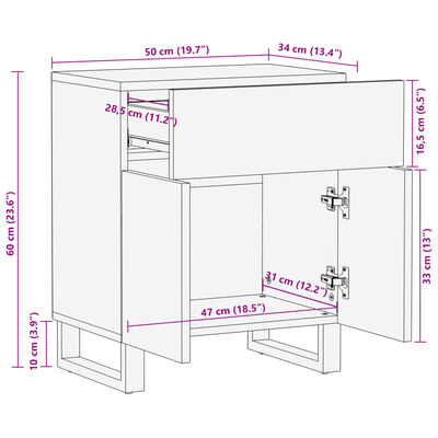 vidaXL Table de chevet 50x34x60 cm bois de manguier massif brut