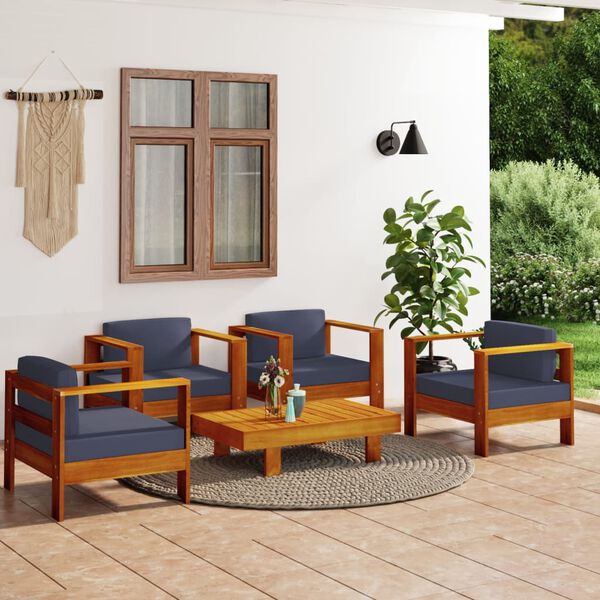 vidaXL Salon de jardin 5 pcs avec coussins gris foncé Bois massif