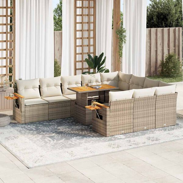 vidaXL Salon de jardin 11pcs avec coussins beige r&eacute;sine tress&eacute;e acacia