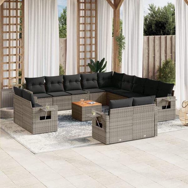 vidaXL Salon de jardin avec coussins 14 pcs gris r&eacute;sine tress&eacute;e