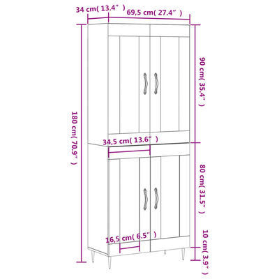 vidaXL Buffet haut Chêne fumé 69,5x34x180 cm Bois d'ingénierie