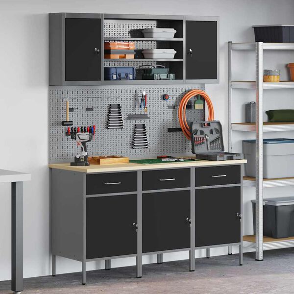 vidaXL Placard de travail 7 pcs Noir Bois d'ing&eacute;nierie et acier