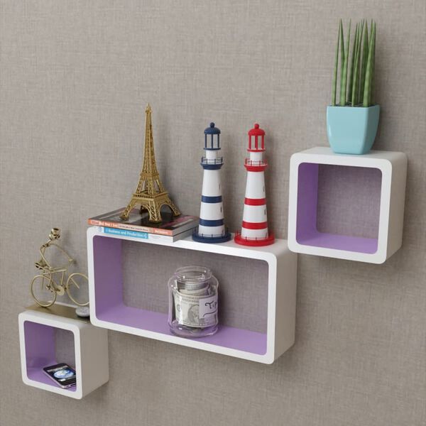 3 &Eacute;tag&egrave;res cubes murales et en MDF Blanc-Violet pour DVD/Livres