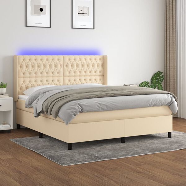 vidaXL Sommier &agrave; lattes de lit matelas et LED Cr&egrave;me 180x200 cm Tissu