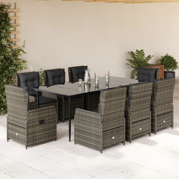 vidaXL Ensemble &agrave; manger de jardin 9 pcs coussins gris r&eacute;sine tress&eacute;e