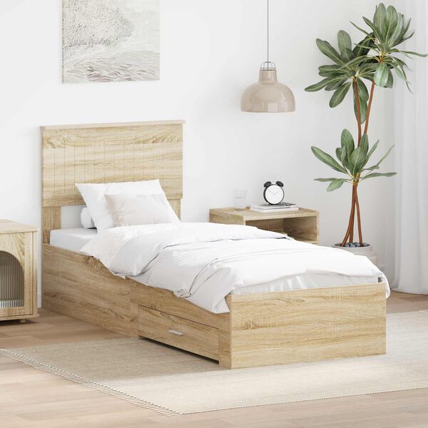 vidaXL Cadre de lit avec tiroir Sonoma Ch&ecirc;ne et Argent 75 x 190 cm