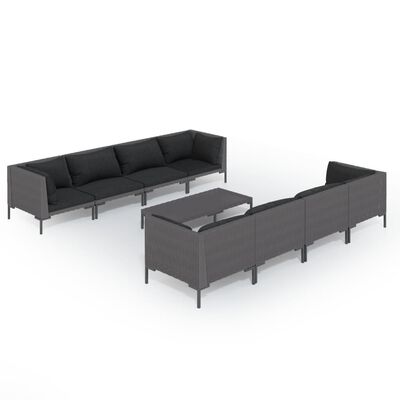 vidaXL Salon de jardin 9 pcs avec coussins Résine tressée Gris foncé