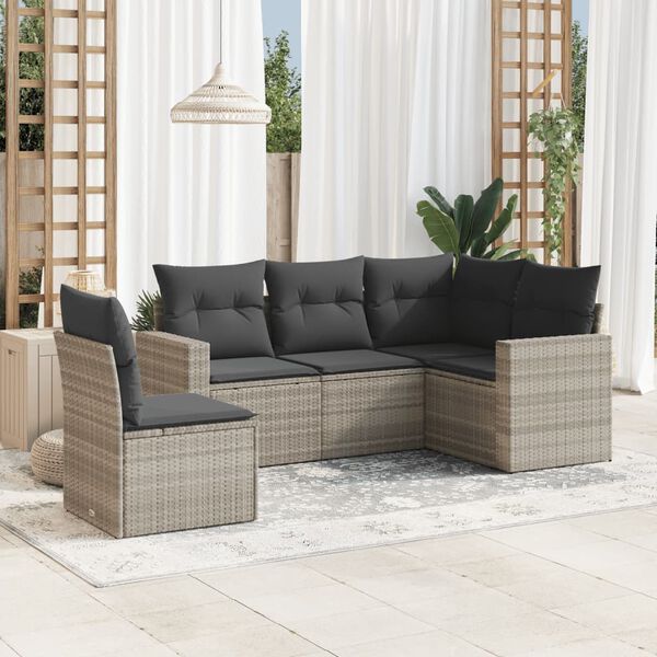 vidaXL Salon de jardin 5 pcs avec coussins gris clair r&eacute;sine tress&eacute;e
