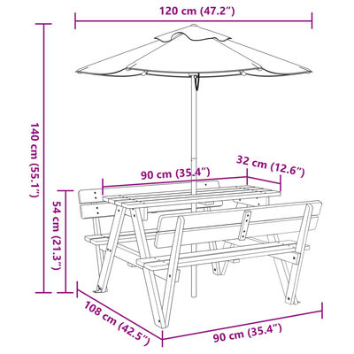 vidaXL Table de pique-nique pour 4 enfants avec parasol bois de sapin