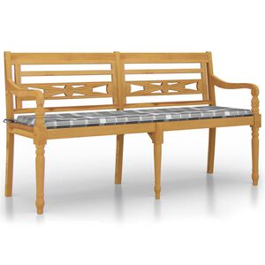 vidaXL Banc Batavia coussin &agrave; motif de carreaux gris 150cm Bois teck