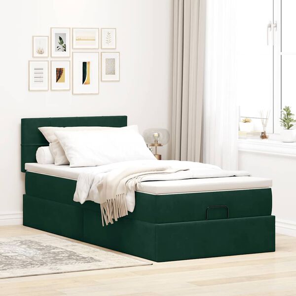 vidaXL Lit ottoman avec matelas et LED Vert fonc&eacute; 90x200cm velours